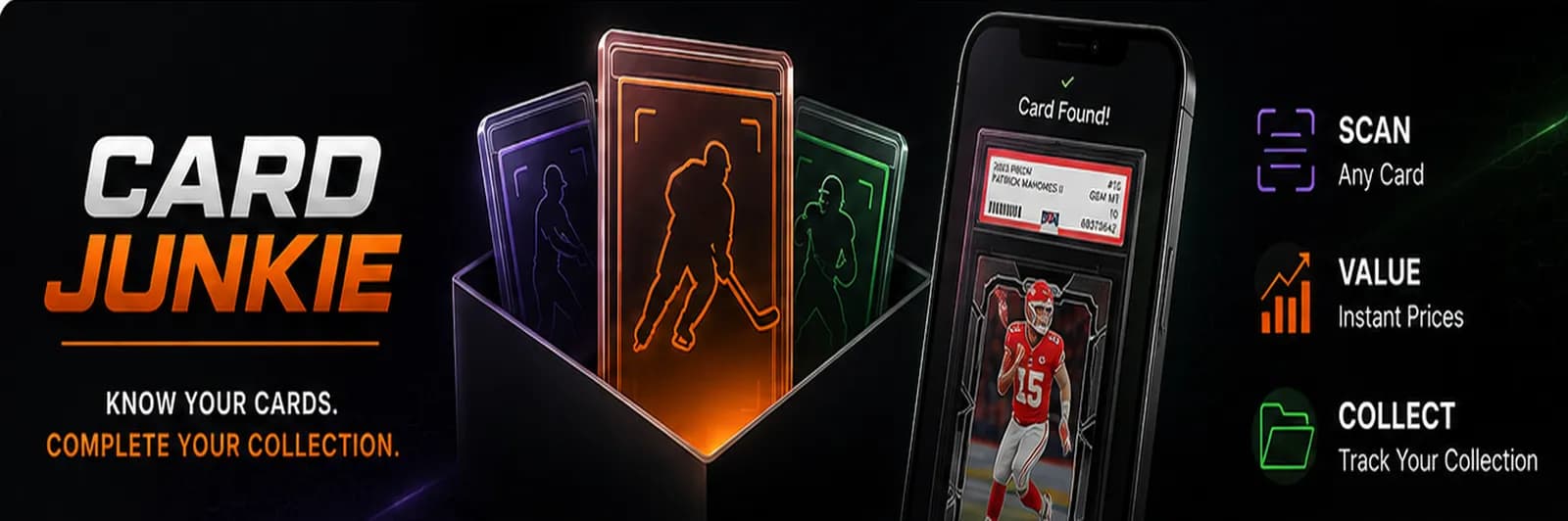 CardJunkie identifying a graded card on a phone — Card Found! — beside a pack of glowing trading cards
