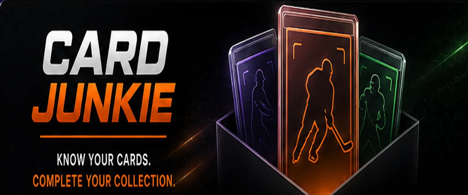 CardJunkie — a card pack opening with glowing purple, orange, and green trading cards